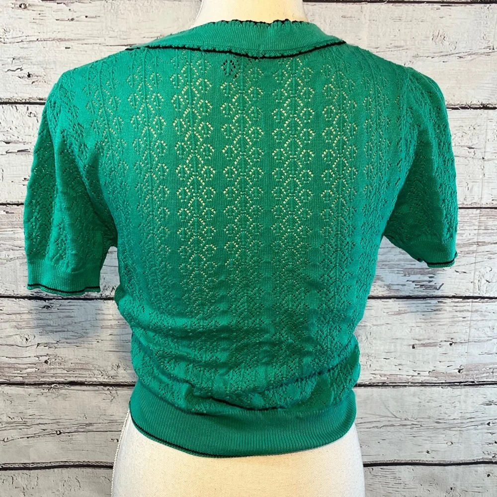 ZINC Cardigan Short Sleeve Button Front Open Weave Green/Black-Medium - Picture 2 of 2